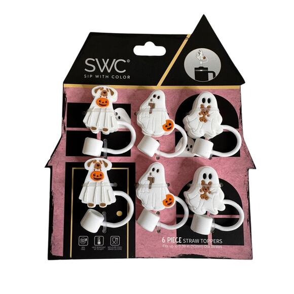 SWC 6 Piece Straw Toppers Ghosts Dogs White Halloween New Lot of 2 - Picture 2 of 7
